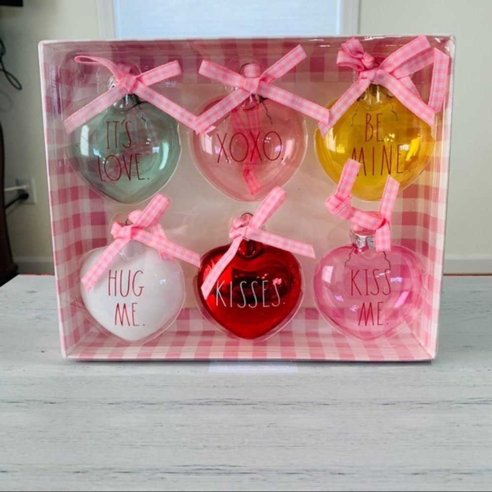Rae Dunn set of 6 glass heart shaped ornaments